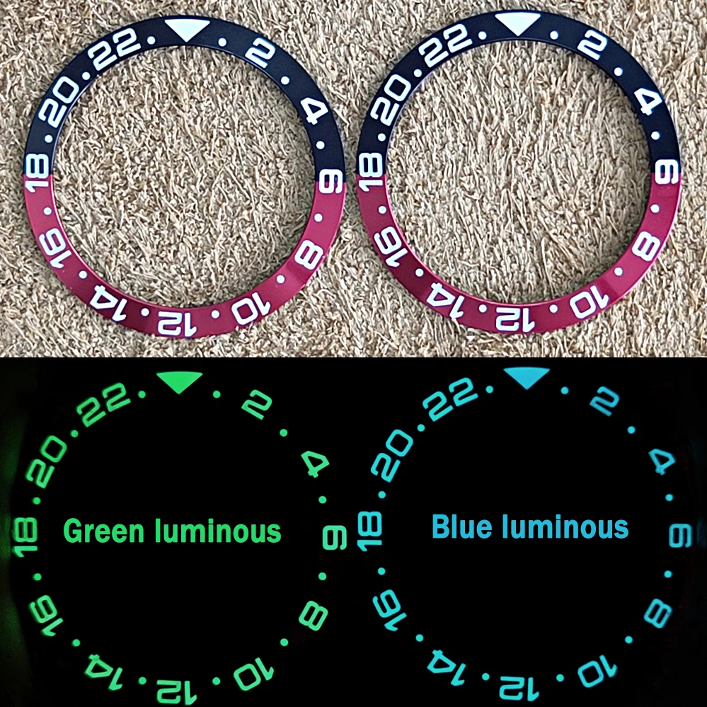 

30.5-38mm Blue/ Green Luminous Watch Bezel GMT Curvature Aluminum Watch Watch Inserts Modified Watches Accessories (Black Red)