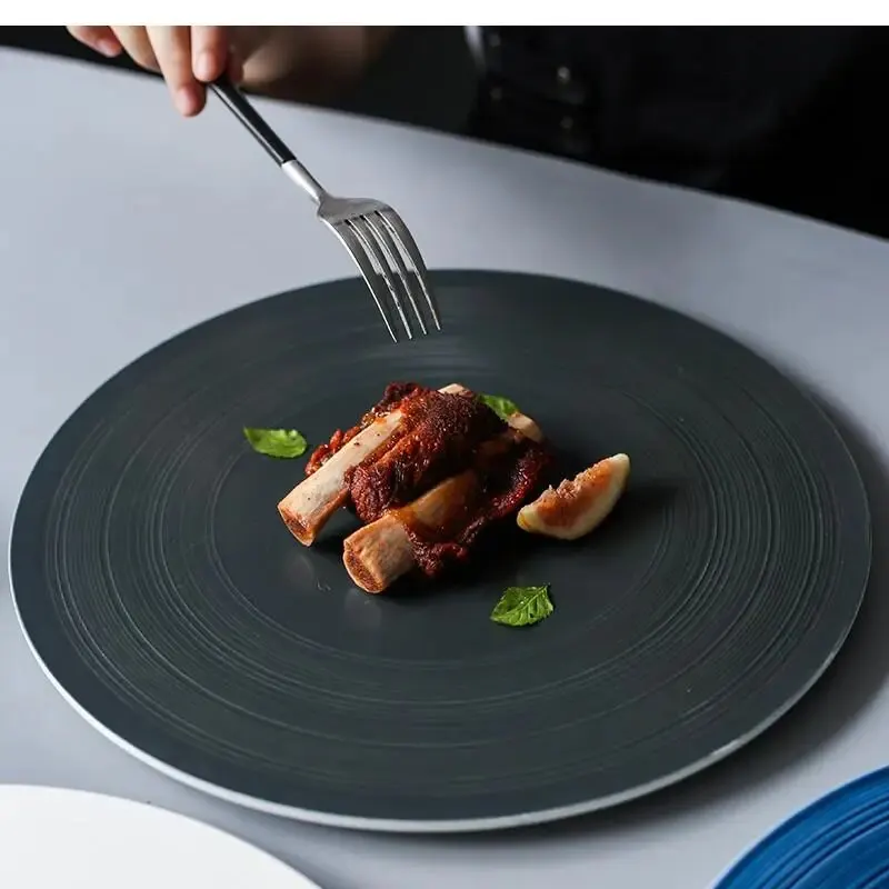

12 Inch Nordic Ceramic Dinner Plate Black Brushed Round Steak Home Kitchen Western Food Large Flat Dish