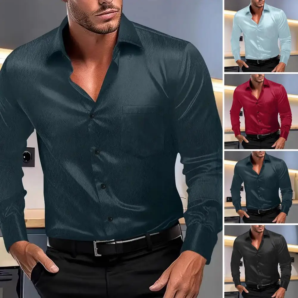 

Slim Fit Men's Top Men's Polyester Shirt Men's Glossy Dress Shirt Long Sleeve Formal Button-down Shirt Turndown Collar for Prom