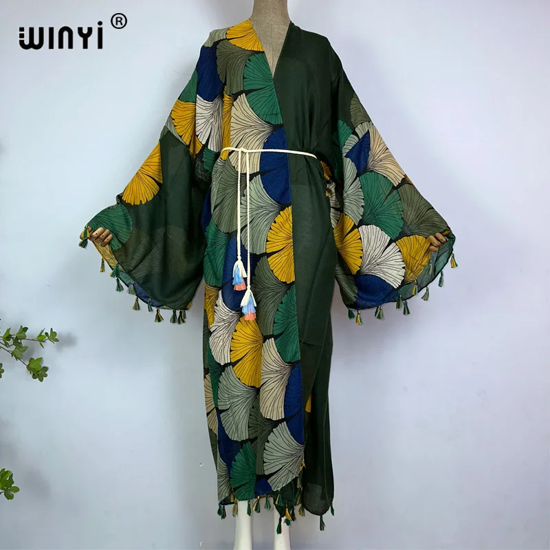 WINYI kimono summer print kaftan Bikini Cover-up Cardigan sexy Holiday maxi beach swimsuit evening party tassels dress with belt