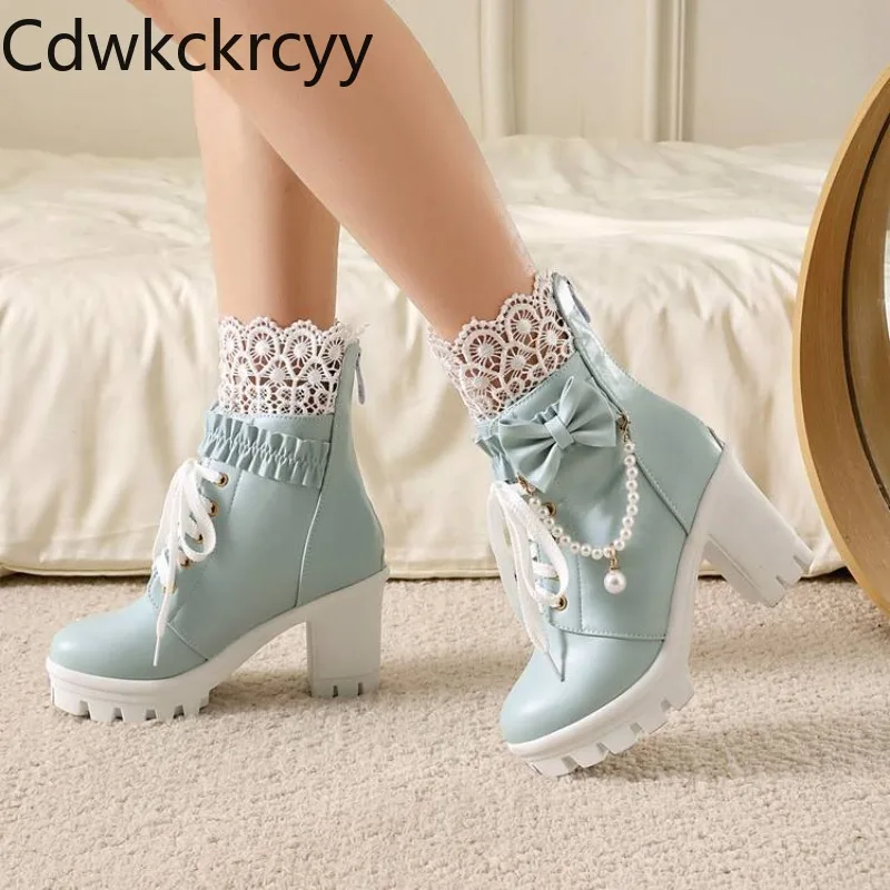 Herbst Winter Neues Modell Modische High Heels Stiefeletten Süße Perlen-Spitze Schmetterlingsknoten Lolita Studenten Damenstiefel 8,5 cm Absatzhöhe