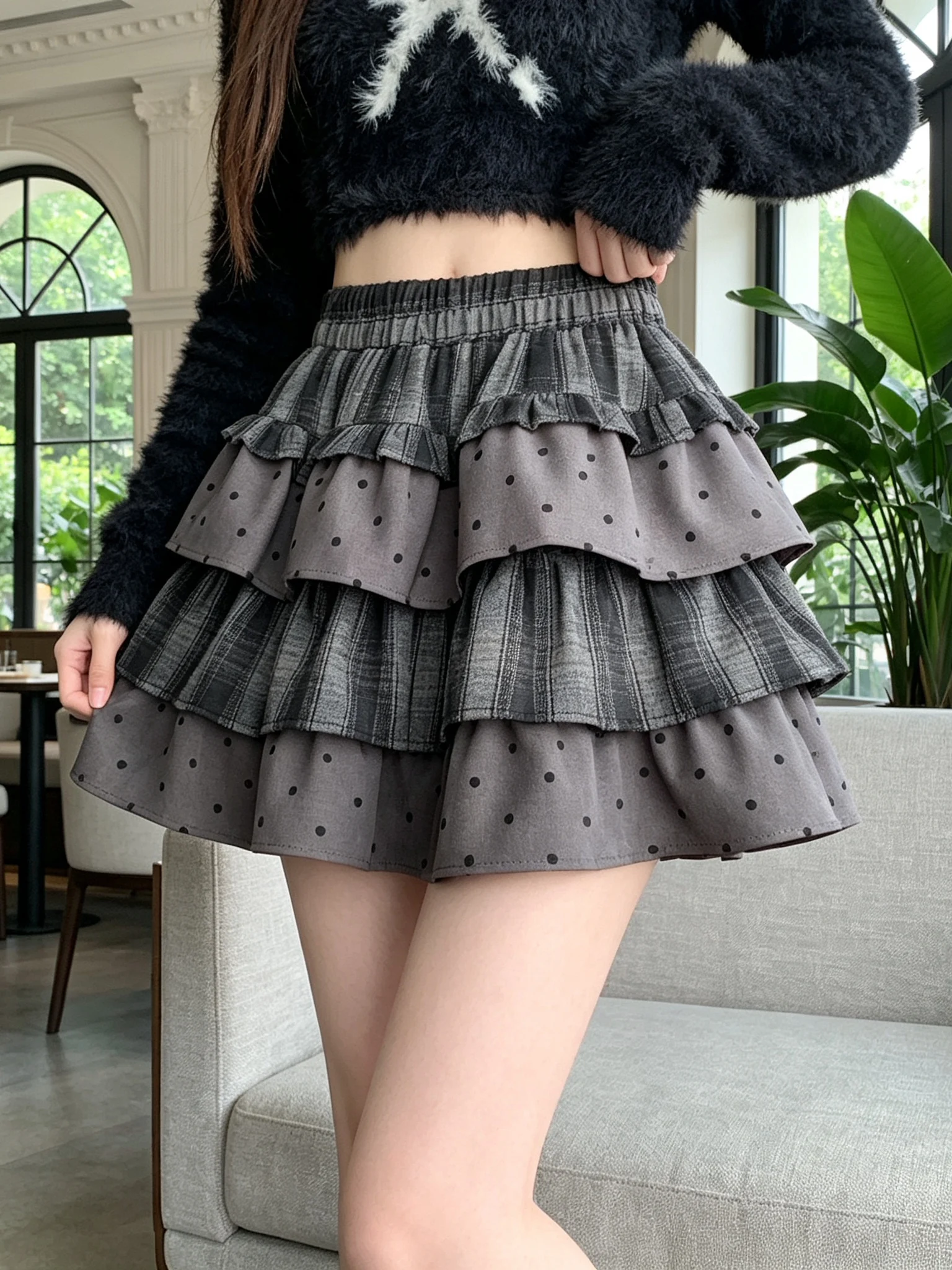 Retro Plaid Polka Dot Cake Half Skirt Women's Autumn Winter Elastic High Waist Slim A-Line Pleated Puffy Short Skirt