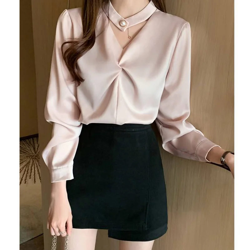 Women Blouse Shirts Casual Office Lady Korean Fashion Elegant Tops Summer Loose Solid Turn-down Collar Chiffon Work Blouses 2022