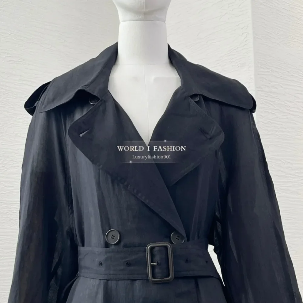 

2025 Women's Fashion Outerwears Black Long Sleeve Trench Turn Down Collar Long Jacket Tops