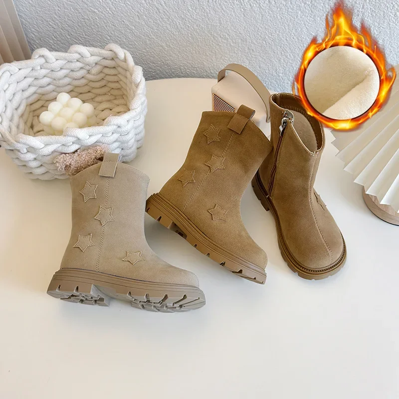 

Britain Style 2024 Winter Children Chelsea Boots Side Zipper Cute Round-toe Fashion Girls Short Boots Kids Warm Leather Boots