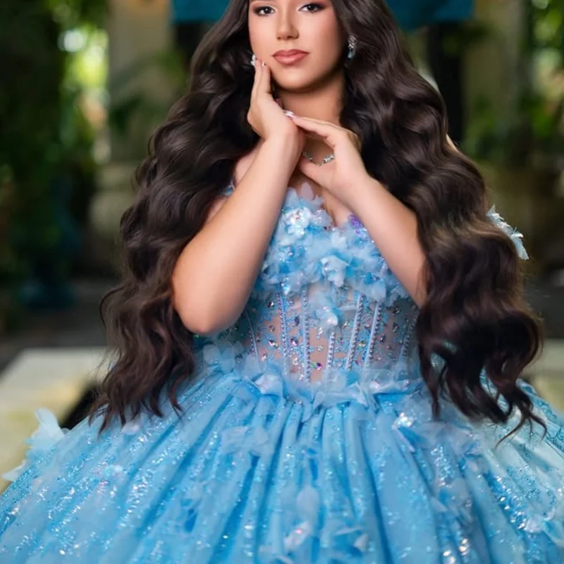

Shiny Blue Quinceanera Dress off-shoulder Glitter 3D Flower Decal Long tail Bow Vestidos De 15 Quinceanera ﻿Customize
