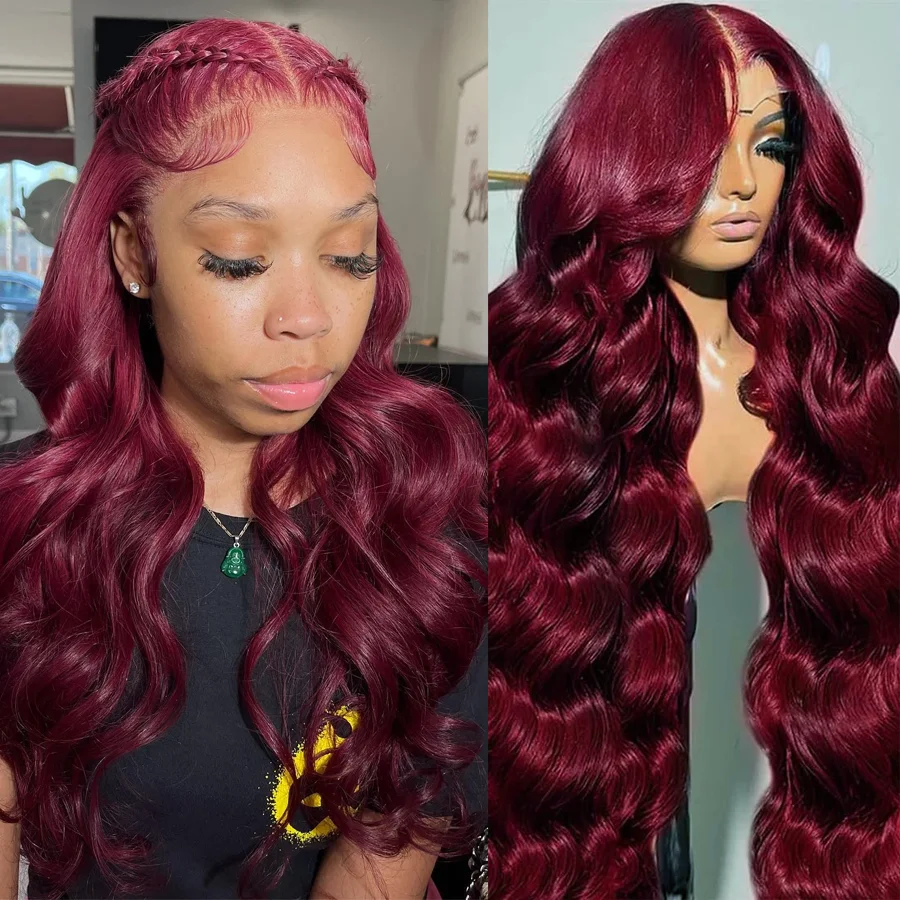 

Body Wave Burgundy 40 Inches Long-length 200% High Density 13x6 13x4 HD Transparent Lace Frontal Wig Human Hair Wigs 99J Wine Red Pre Plucked Brazilian Hair For Women