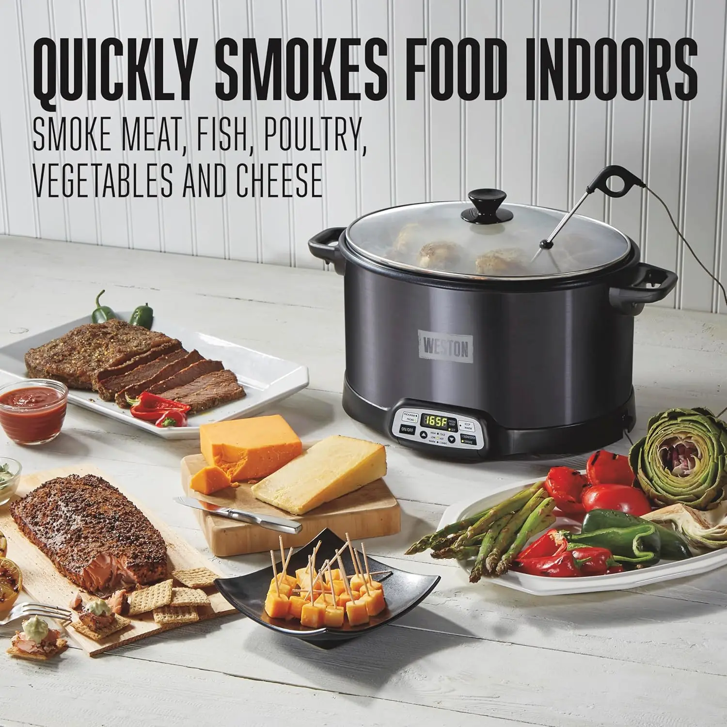 2-in-1 Programmable Slow Cooker & Electric Indoor Smoker, 6 Quart, 3-Tier Smoking Rack for Meat, Cheese and More, Dishwasher Saf