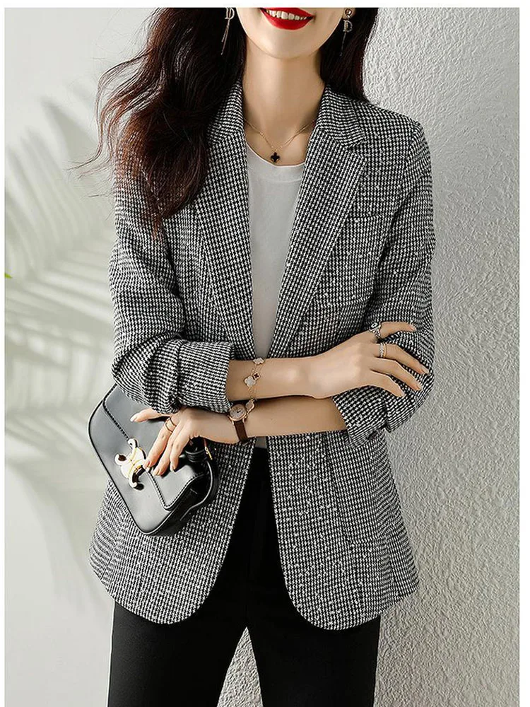 

Women's Blazer Medium Length Plaid Spring And Autumn Vintage Sequin Korean Women's Coat 2023 New Casual Coat Office Blazer