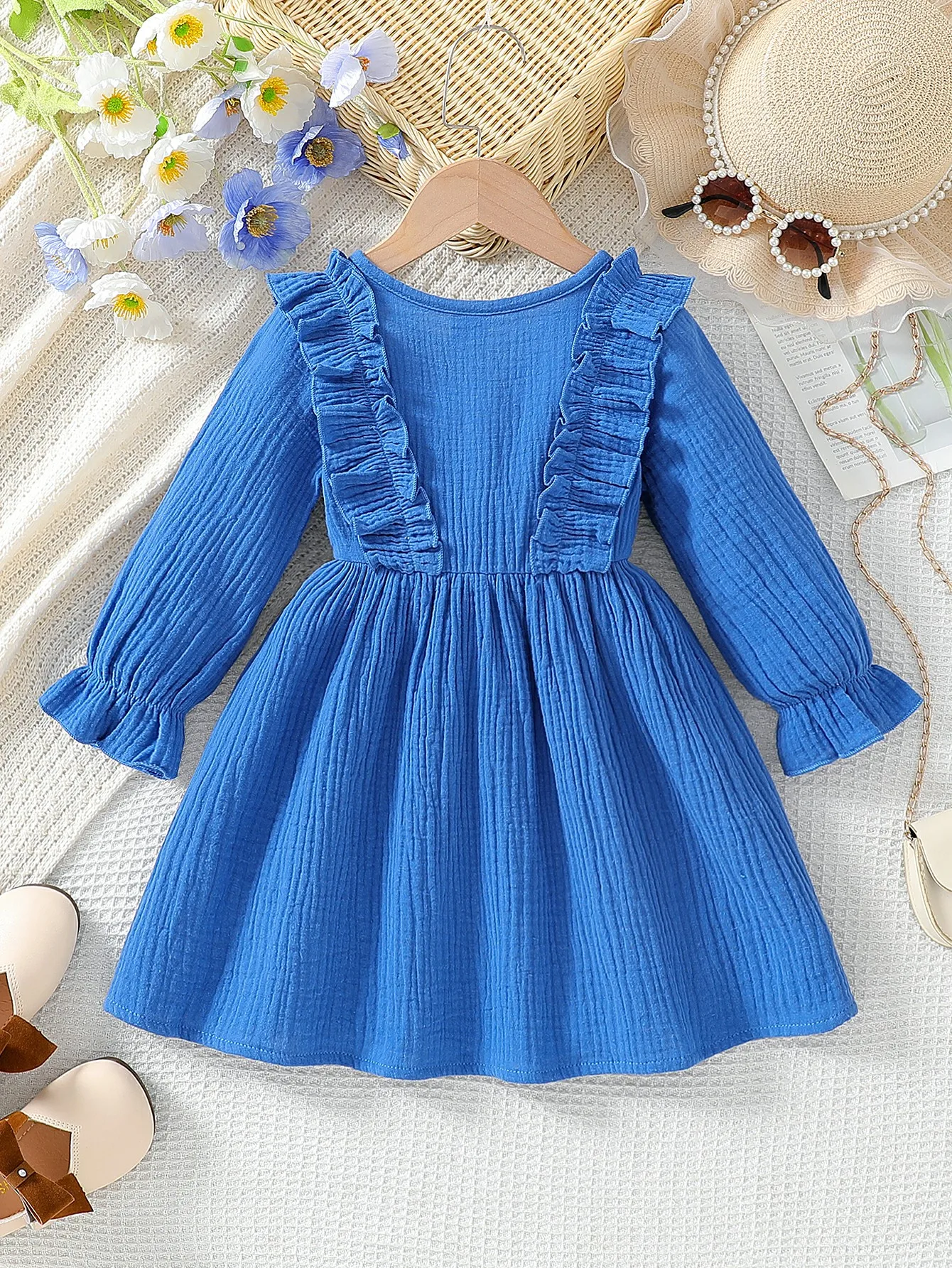 Children’s 2025 Summer New Arrival Girls’ Solid Color Long-Sleeved Casual Dress