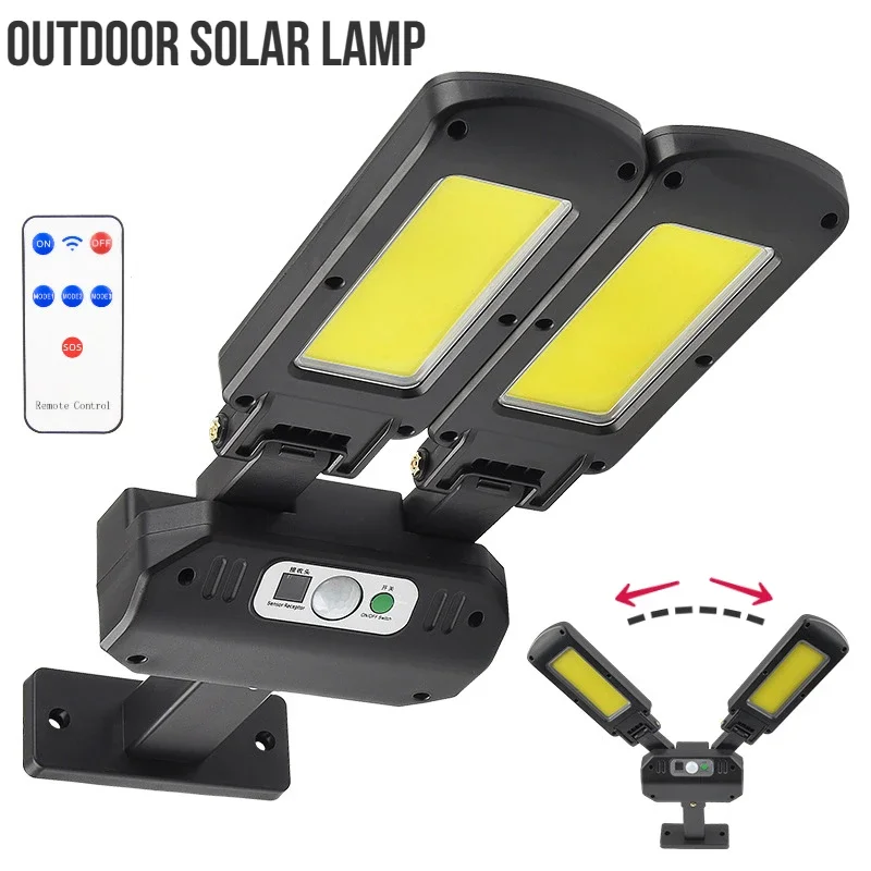 

Outdoor Rotating Solar Street Light Double Headed with Motion Sensor Garden Sunlight 200COB Garage Remote Safety LED Floodlight