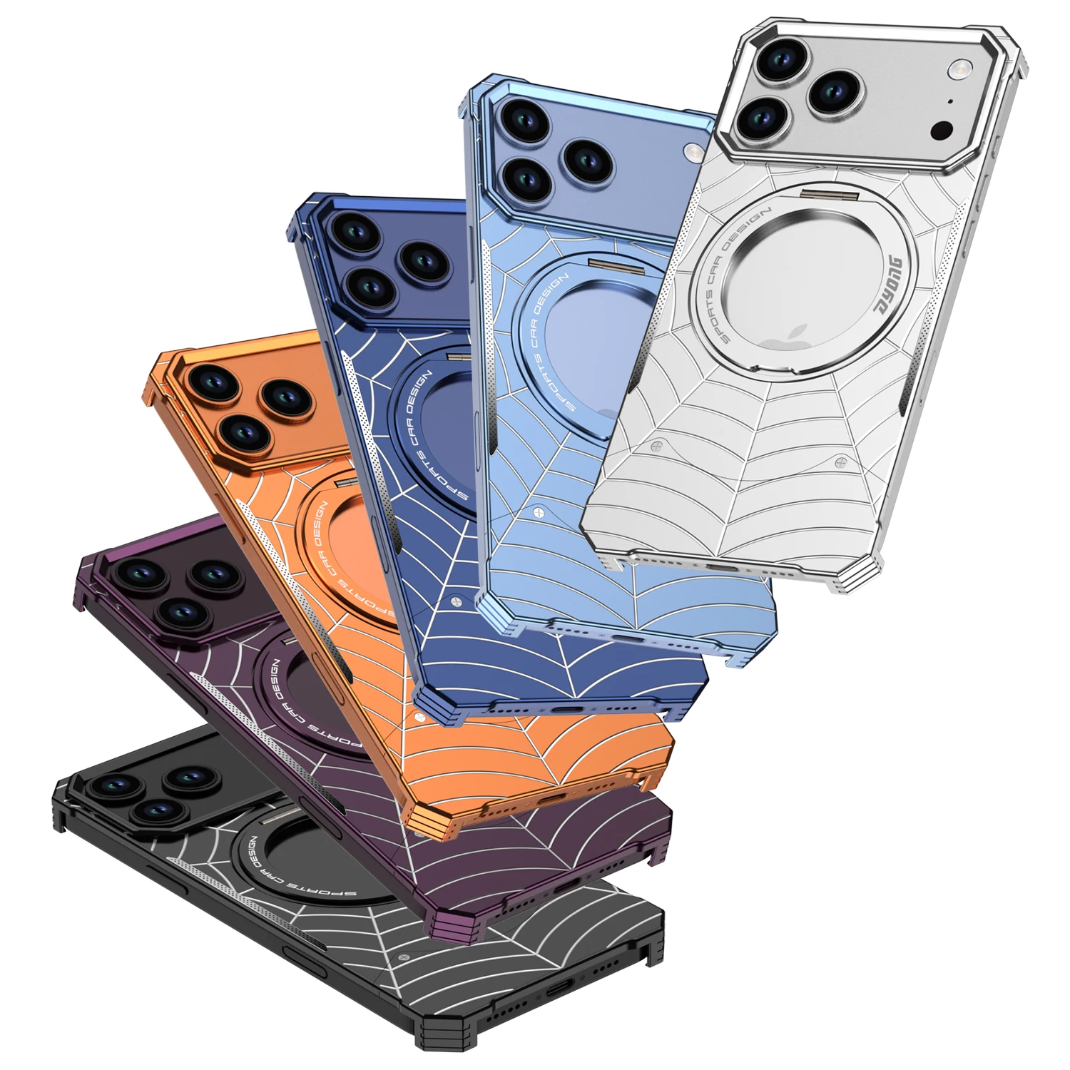Spider web Aluminum Alloy Phone Case For iPhone 17 18 pro Max Magnetic Rotating Stand Hinge Fully Protection  For Magsafe Cover