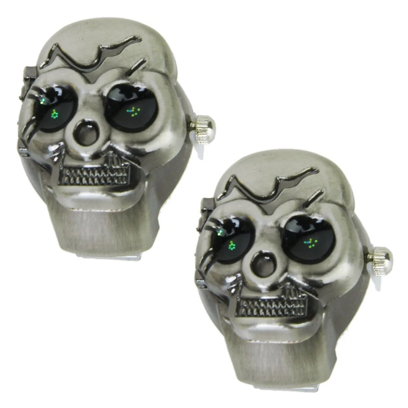 2X Bronze Flip-Up Skull Cover Finger Ring Watch Stretchy Watchband For Unisex--Battery Included, Ideal For Skull Lover