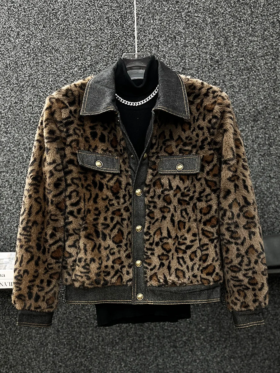 High-end Imitation Mink Hair Small Fragrant Coats Men's 2024 Winter Cotton Retro Denim Splicing Leopard Print Plush Thick Jacket