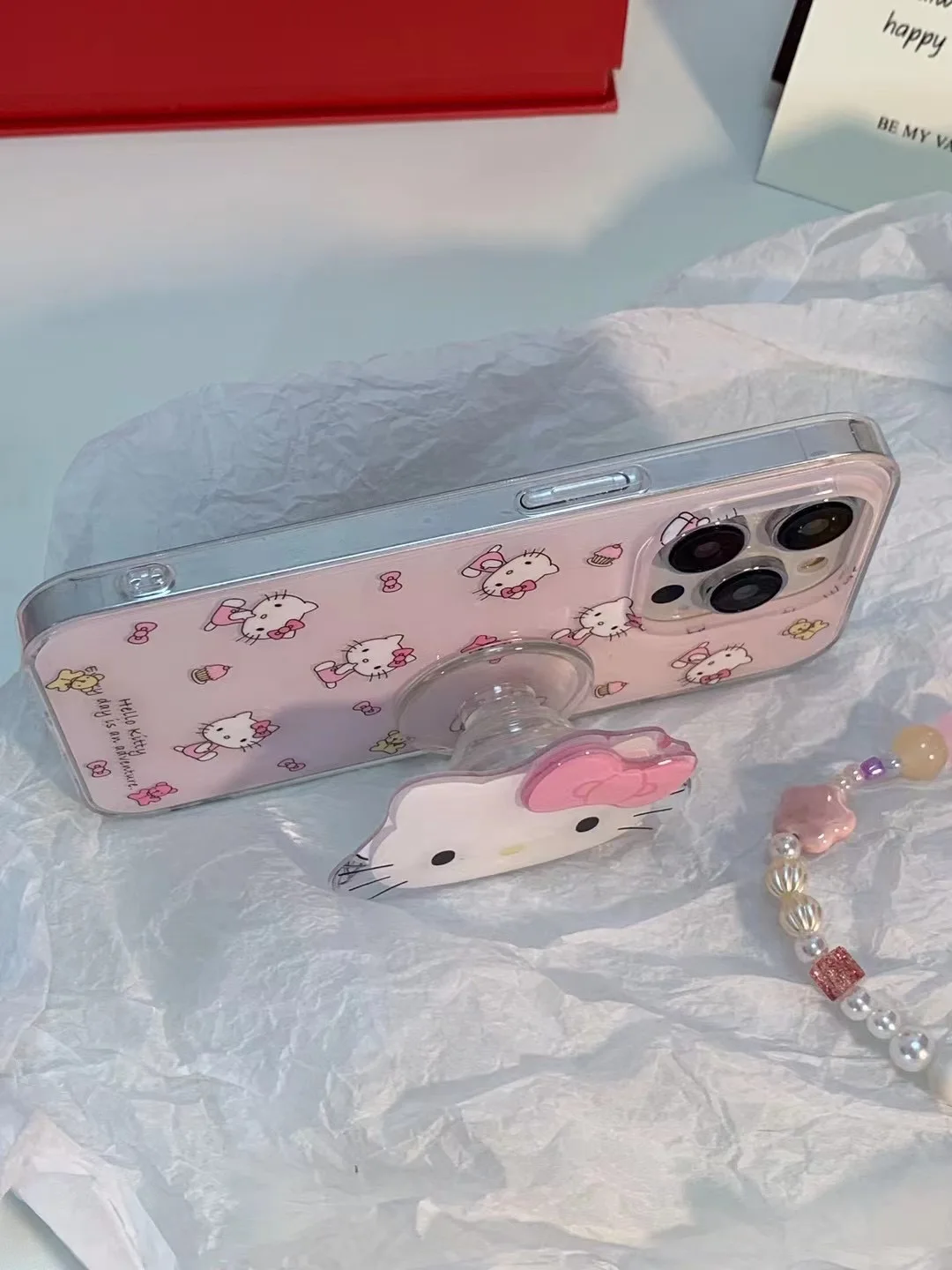 Cute Pink Cartoon Hello Kitty Cat Bracket Anti-drop Phone Case For iPhone 13 12 14 15 Pro Max Luxury Soft Protect Cover image 6