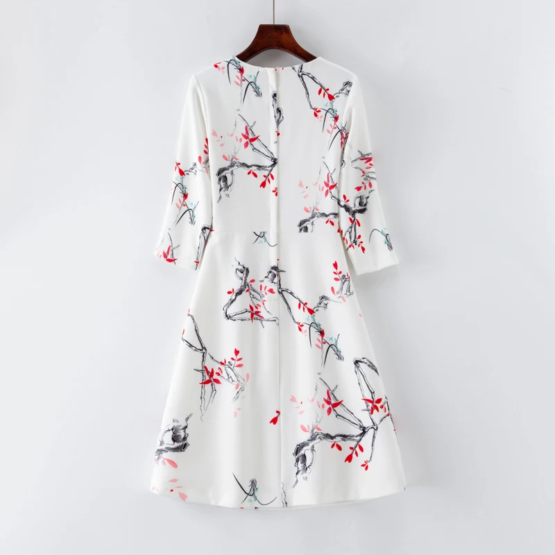 Women's Vintage Art Print Dress, O-Neck, White, OL Dresses