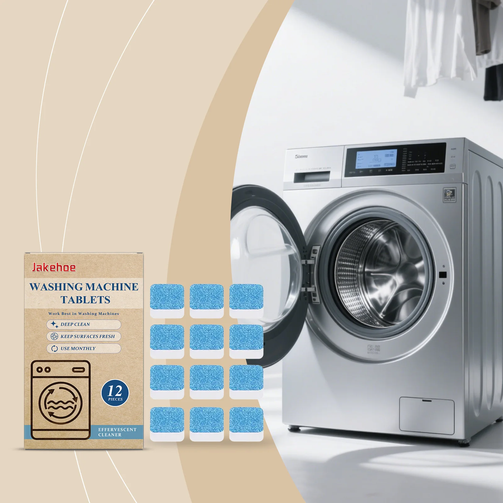 

Washing Machine Cleaner Tablets - 12pcs Deep Clean, Remove Odors, Descaling, Suitable for Drum & Impeller Machines, Monthly Use