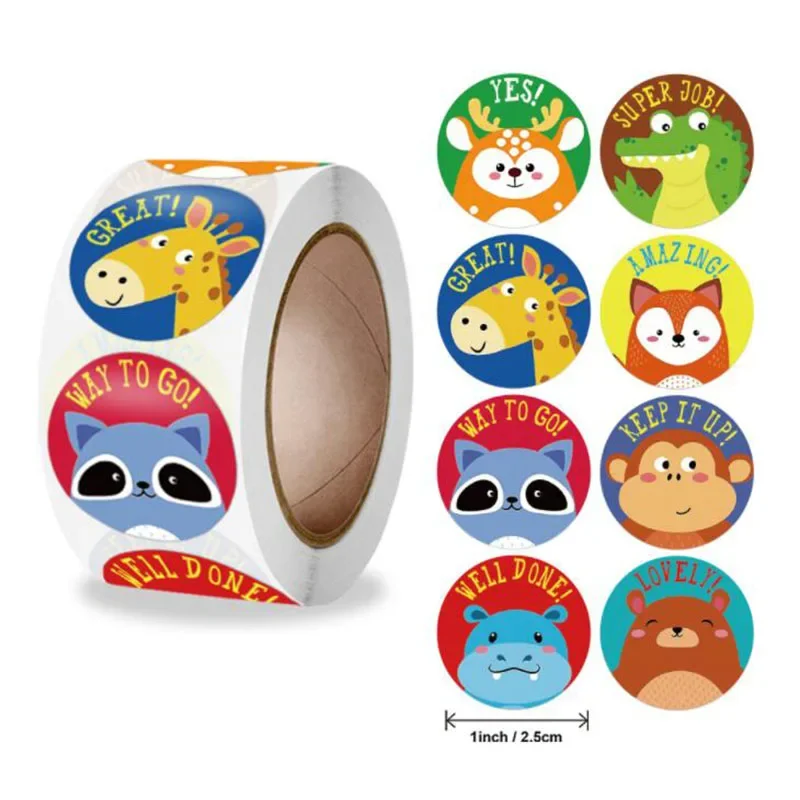 500Pcs Beloning Sticker Inspirational Sticker Roll School Beloning Student Kind Leraar Leuke Cartoon Dier Auto Sticker Label