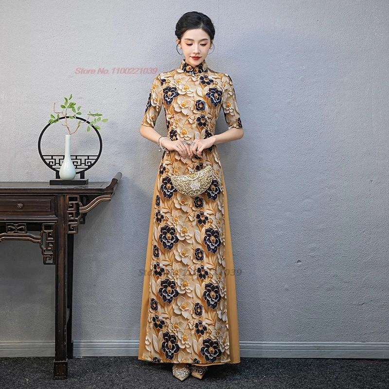 2025 aodai dress vietnam traditional dress improved qipao national flower print a-line cheongsam stage dress banquet party dress