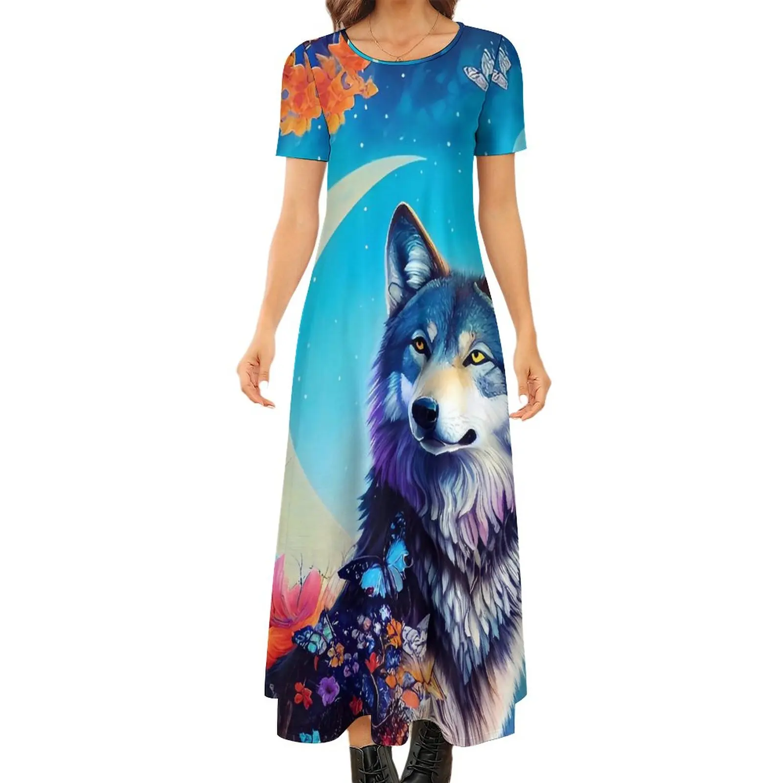 

Wolf in Blooming Tree Dress Flower Print Street Wear Boho Beach Long Dresses Female Kawaii Maxi Dress Birthday Present