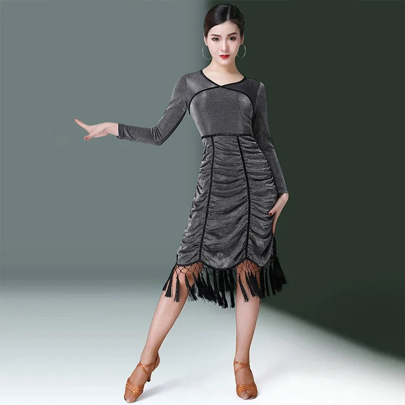 섹시 라틴 댄스 의상 봄 여름 신상 라인 댄스 스커트 슬림핏 태슬 여성 드레스 긴팔 의류