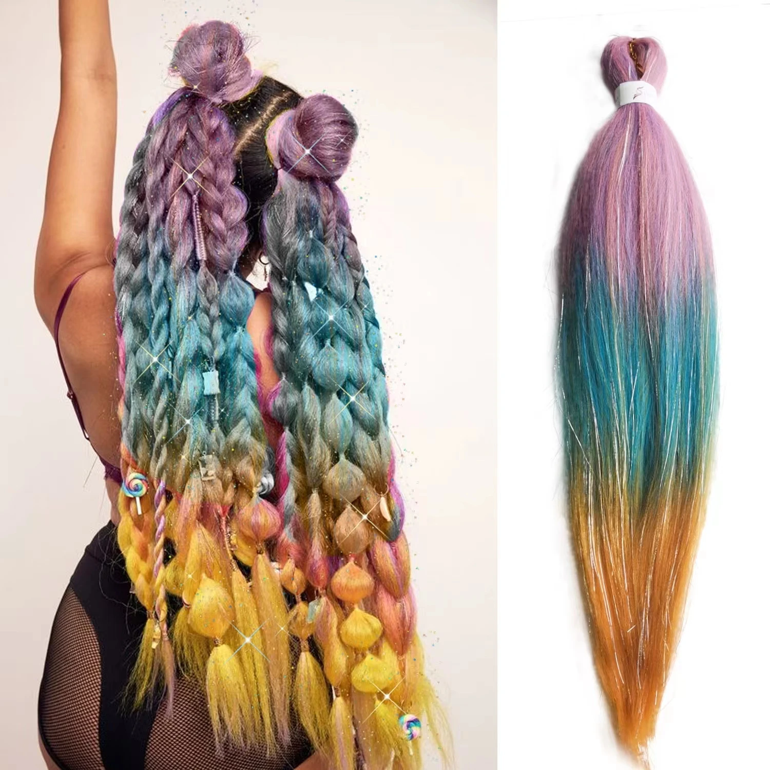 Pre Stretched Braiding hair Ez Braid Colorful Braiding Hair Mixed Tinsels Kids Braiding Hair 3 Tones Ombre Hair Extensions