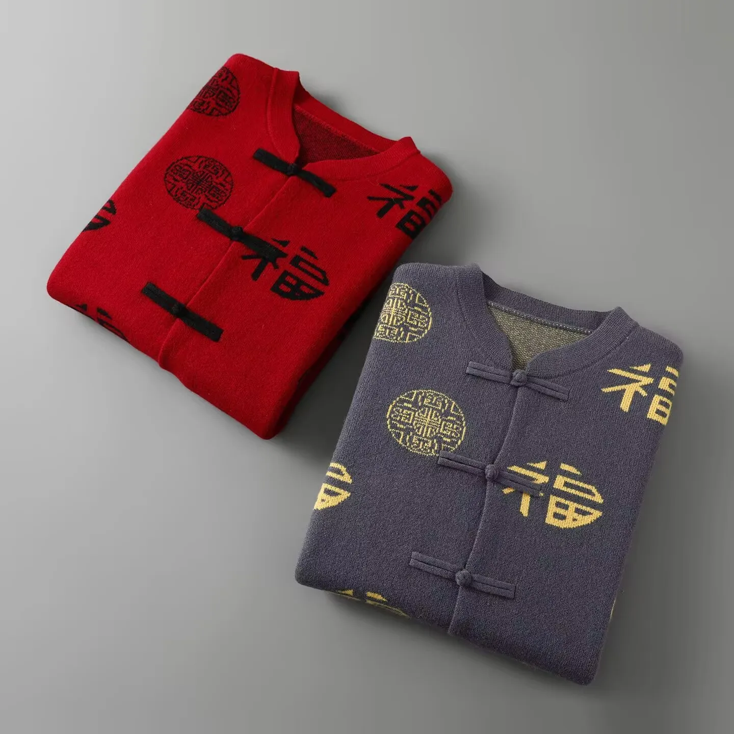 

Autumn Winter 100% Pure Wool Sweater Men's Fortune Knitted Cardigan New Chinese Thickened Pan Button Stand up Collar Retro Coats