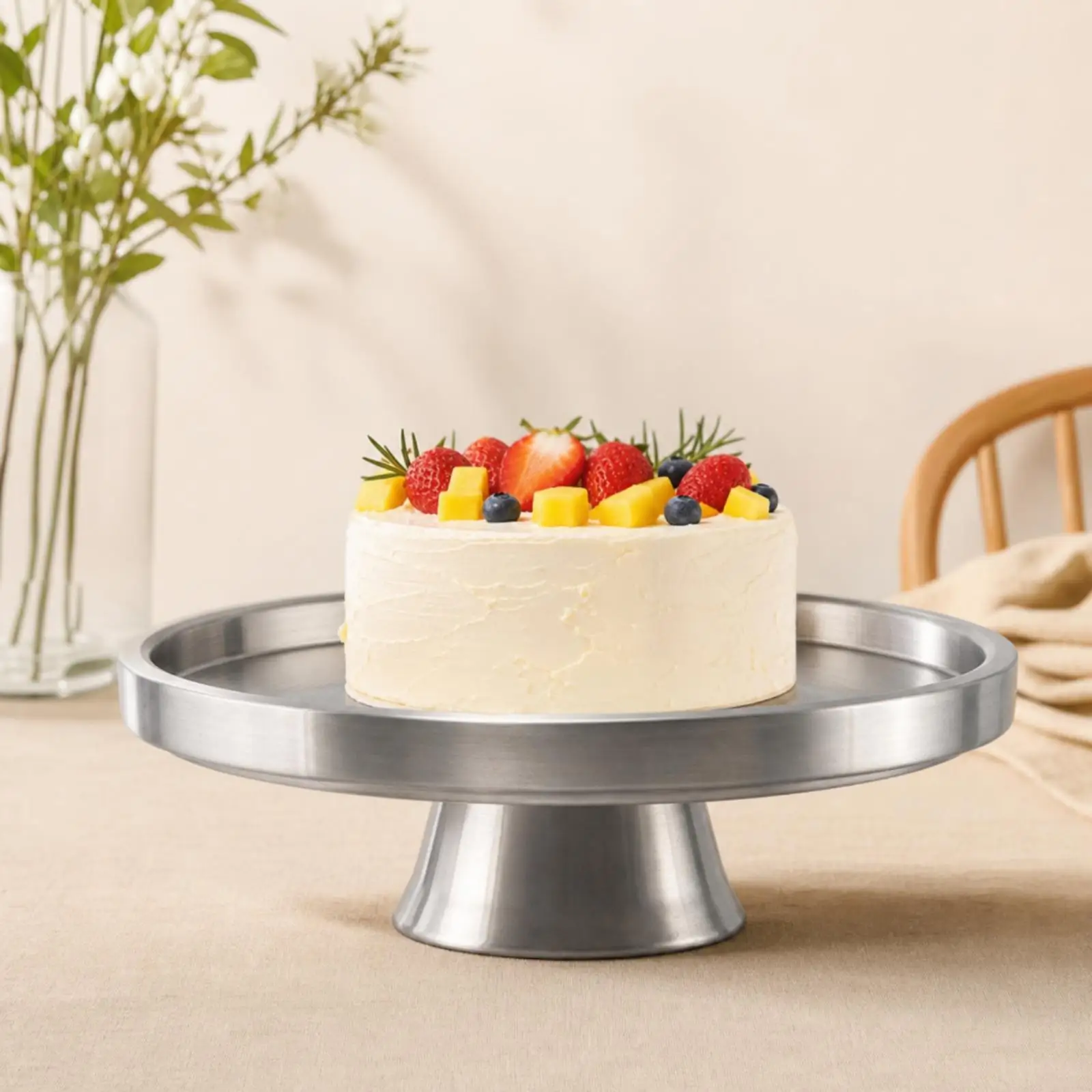 Pedestal Serving Tray Silver Round Pedestal Tray Shallow Lustrous for Hosts, Dining Table, Parties