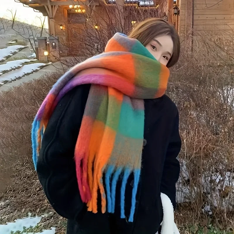 Women Winter Warm Colorful Striped Scarf Soft Knitted Long Tassel Fringe Shawl Geometric Houndstooth Plaid Neckerchief Wrap Oversized Fashion Scarves Cold Weather Accessories Plus Size Holiday Party Gift Fall Autumn Trendy Ladies Retro Vintage Soft Fluffy