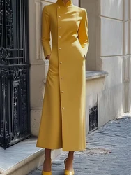 Solid Color Dress for Women 2025 Stand Collar Long Sleeves Single-breasted H-Line Midi Dress Autumn Fashion High Street Dress