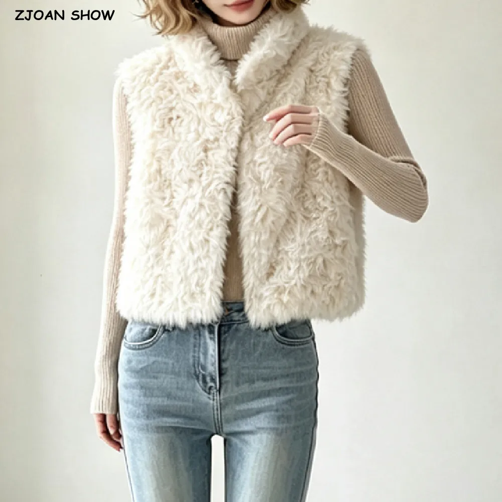 Autumn Winter Women Stand Collar Faux Fur Sleeveless Coat Hairy Shaggy Waistcoat Short Loose Warm Straight Outerwear