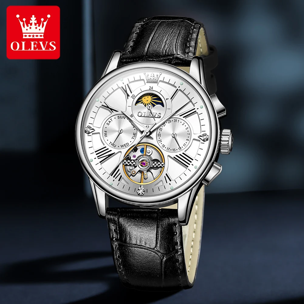 OLEVS 9912 Luxury Moon Phase Watch Men Stainless Steel Leather Strap Waterproof Skeleton Automatic Mechanical Wristwatch for Men