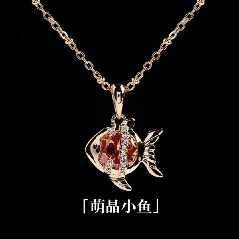 Gorgeous Exquisite Style Gold Color Orange Zircon Hollow Fish Pendant Necklace Women's High-end Social Banquet Necklace Gifts