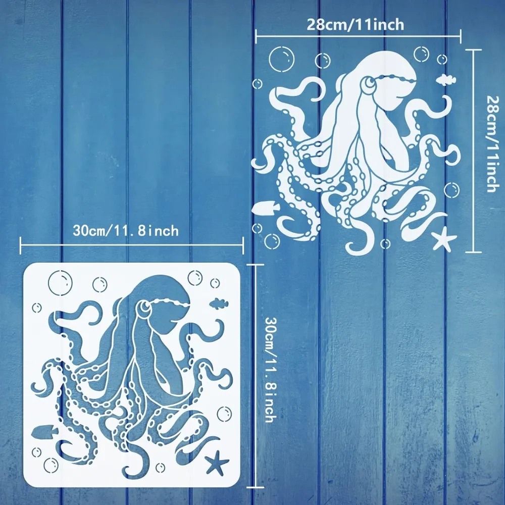 Octopus Pattern Stencil for Painting 11.8x11.8 inch Reusable Sea Creatures Craft Stencil Hollow Out Ocean Starfish Sea Fish