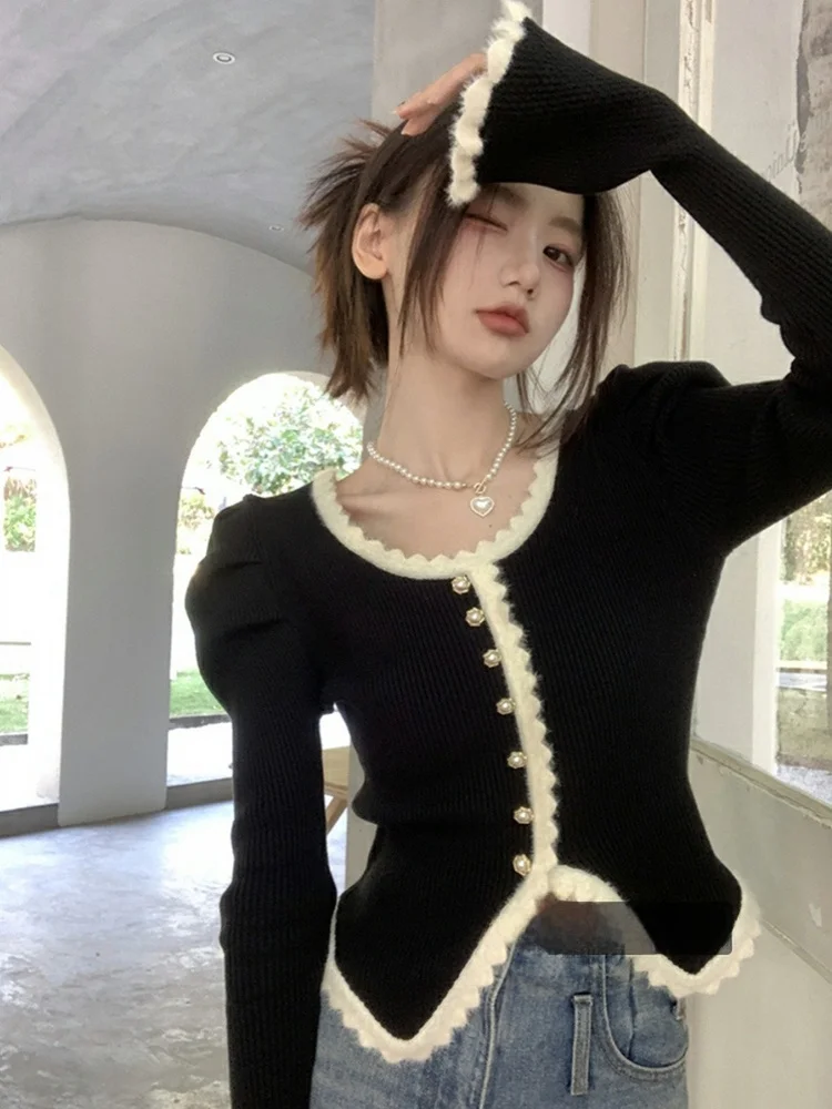 

Black Irregular Bubble Sleeve Knitted Sweater Women's Spring Inner Wear Base Shirt Elegant Slim Fit Top Fashion Style