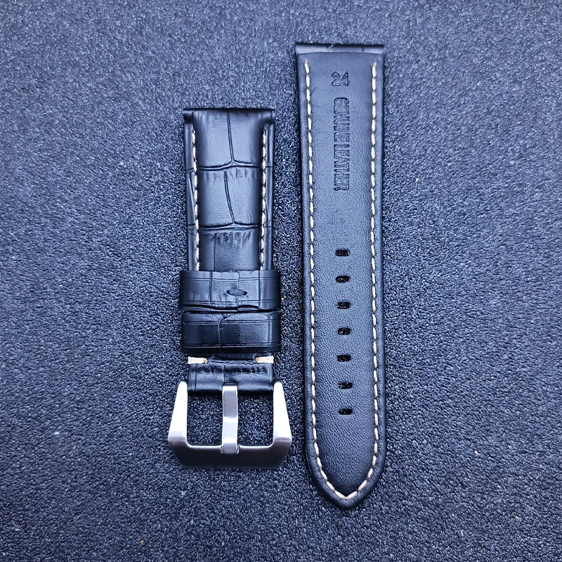حزام جلدي بديل عالمي مقاس 24 مم بإبزيم من الفولاذ الفاخر وحزام ساعة وسوار من الجلد باللون الأسود والبني والأزرق
