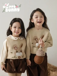 Girls' Autumn Set Children's Cute Embroidery Lapel Shirt Rabbit Sweater Vest