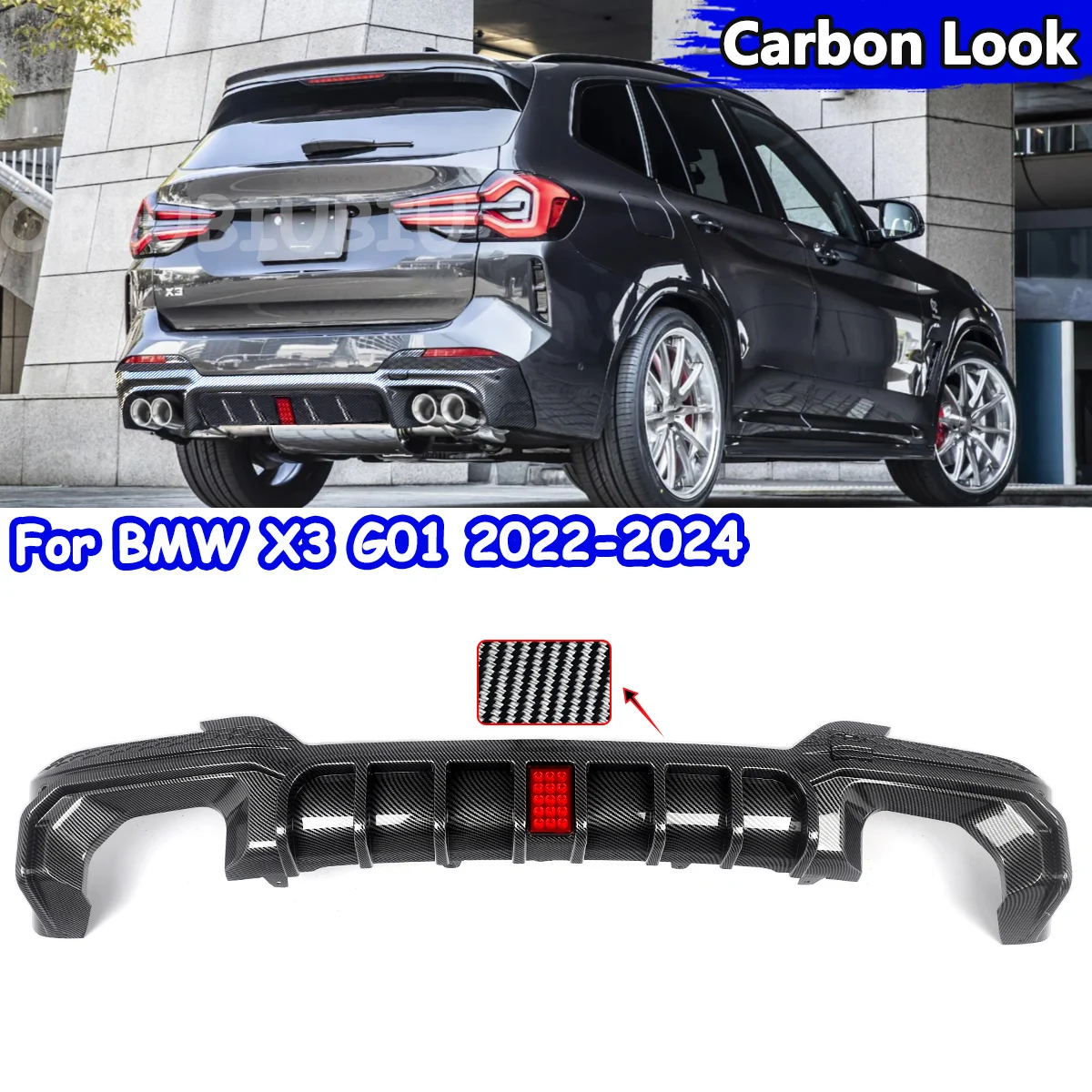 Rear Bumper Diffuser Lip Spoiler With LED Light For BMW X3 G01 22-24 Carbon Look