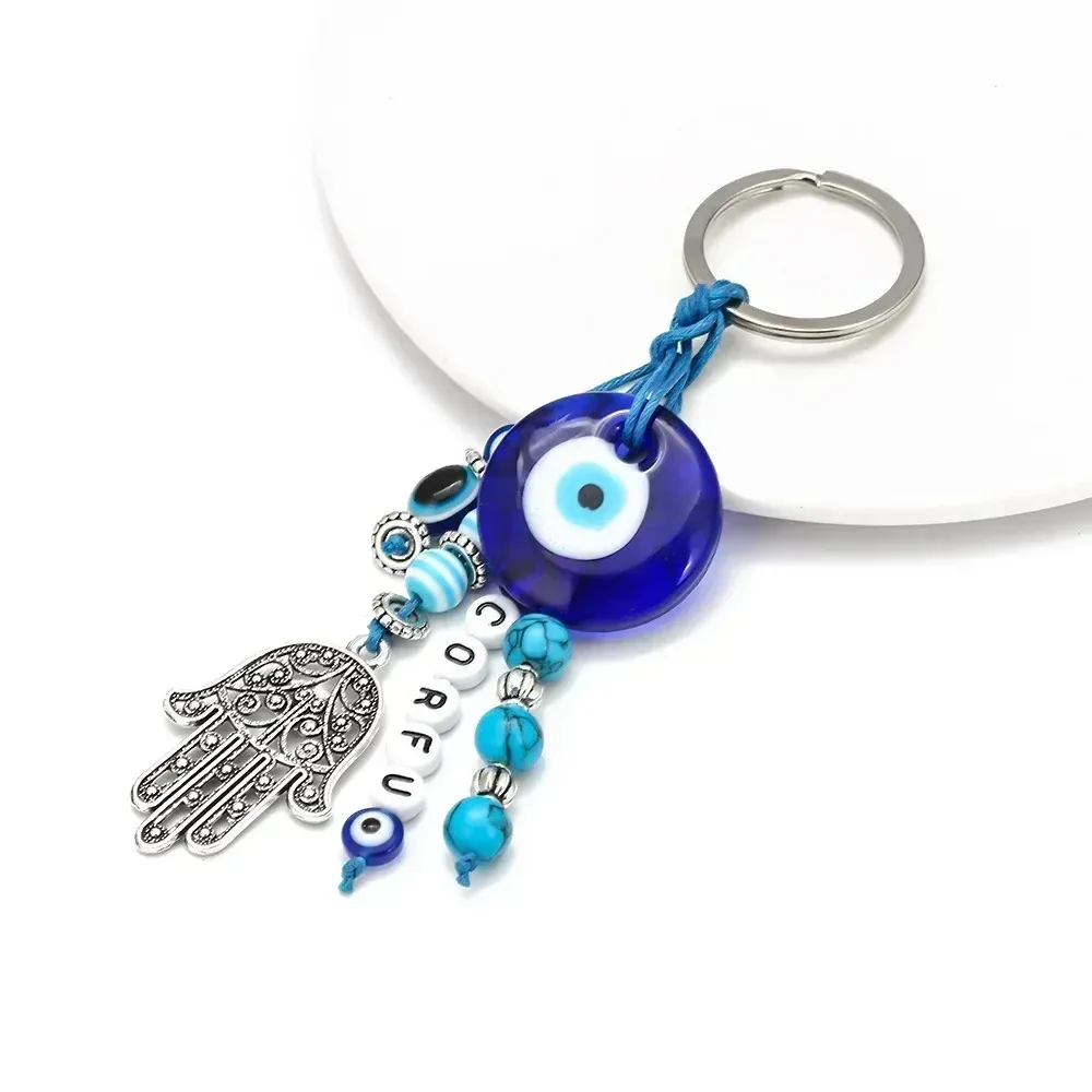 Hamsa Evil Eye Fatima  Alloy Hand Silvery Vintage O-type Keychain Blue Turkish Key Chain Car Chining for Women Men Jewelry