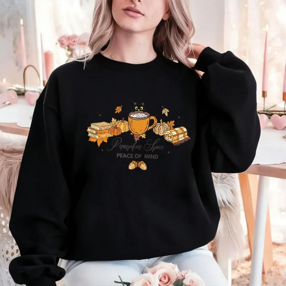 Pumpkin Spice Peace of Mind Graphic Crewneck Sweatshirt Autumn Black Cat Coffee Book Pumpkin Maple Leaf Pullover Top for Women view 4