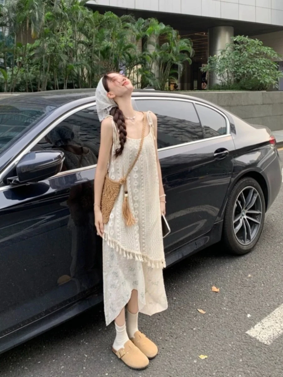 n Weißer Quastenträger Dr. Damen Sommer New Beach Vaion Asymmetrischer Strand Langer Rock Hohe Taille A-Linie Dr