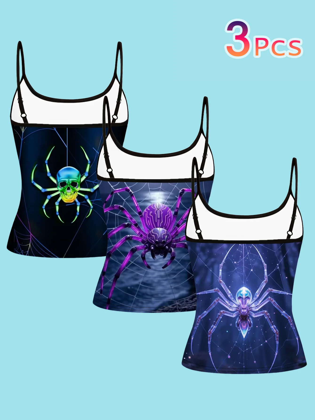 3-Piece Set of Dark Fantasy Spider Skull Camisoles, Slim-Fit and Flattering, Suitable for Layering or Wearing Alone