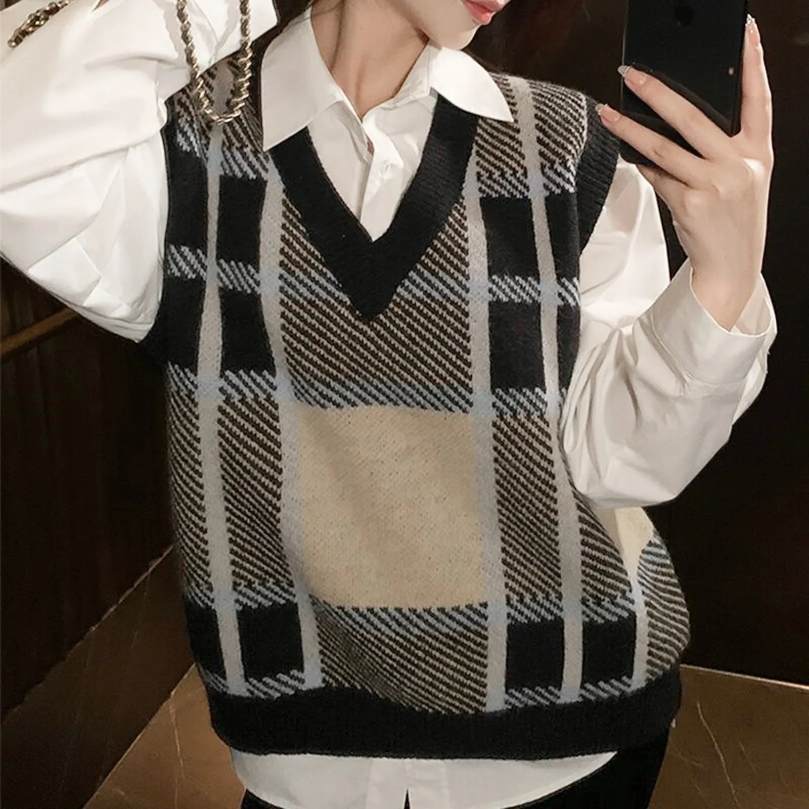 

Women's Clothing Autumn Fashion V Neck Knitted Sleeveless Pullover Sweater Harajuku Fashion Plaid Knitwear Vest