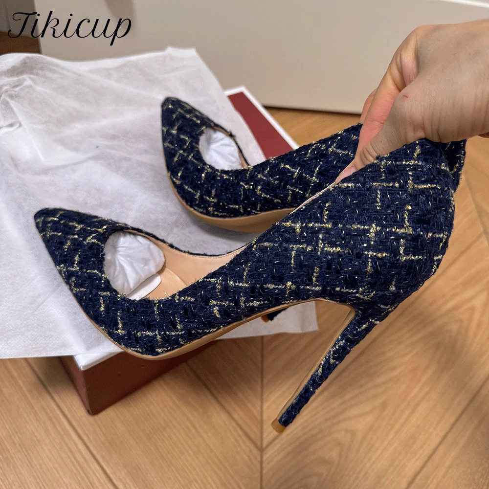 حذاء Tikicup للسيدات باللون الأزرق الداكن من التويد بمقدمة مدببة وكعب ستيليتو بدلة أنيقة مثالية لحفلات الزفاف، أحذية حفلات لليالي التاريخ