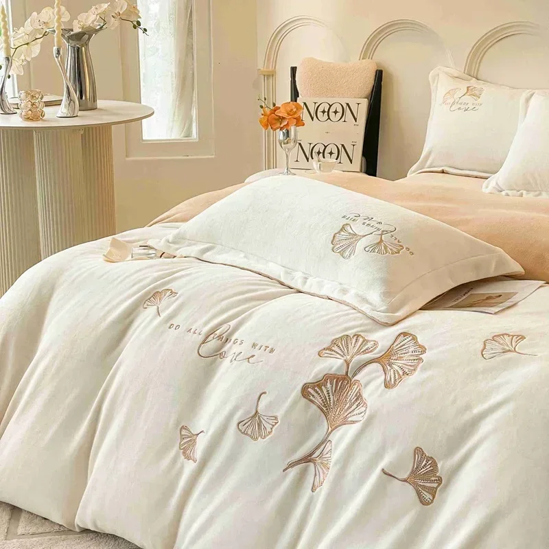 Foliage Embroidered Milk Velve Warm Duvet Cover Set for Winter Warmth Bedding Set Antistatic Warmth Thicken Comforter Cover Sets