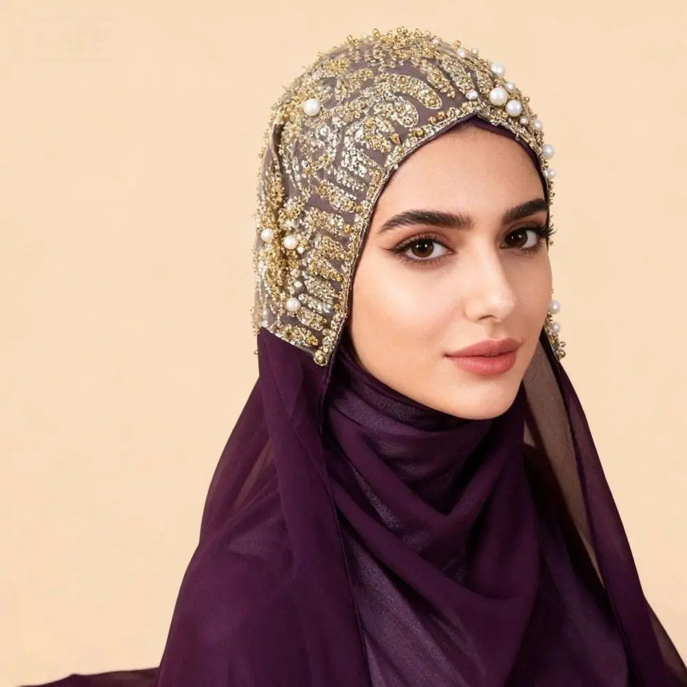 Luxury Beaded Lace Instant Hijab Rhinestone Collar Soft Chiffon Chiffon Headscarf Islamic Scarf For Women