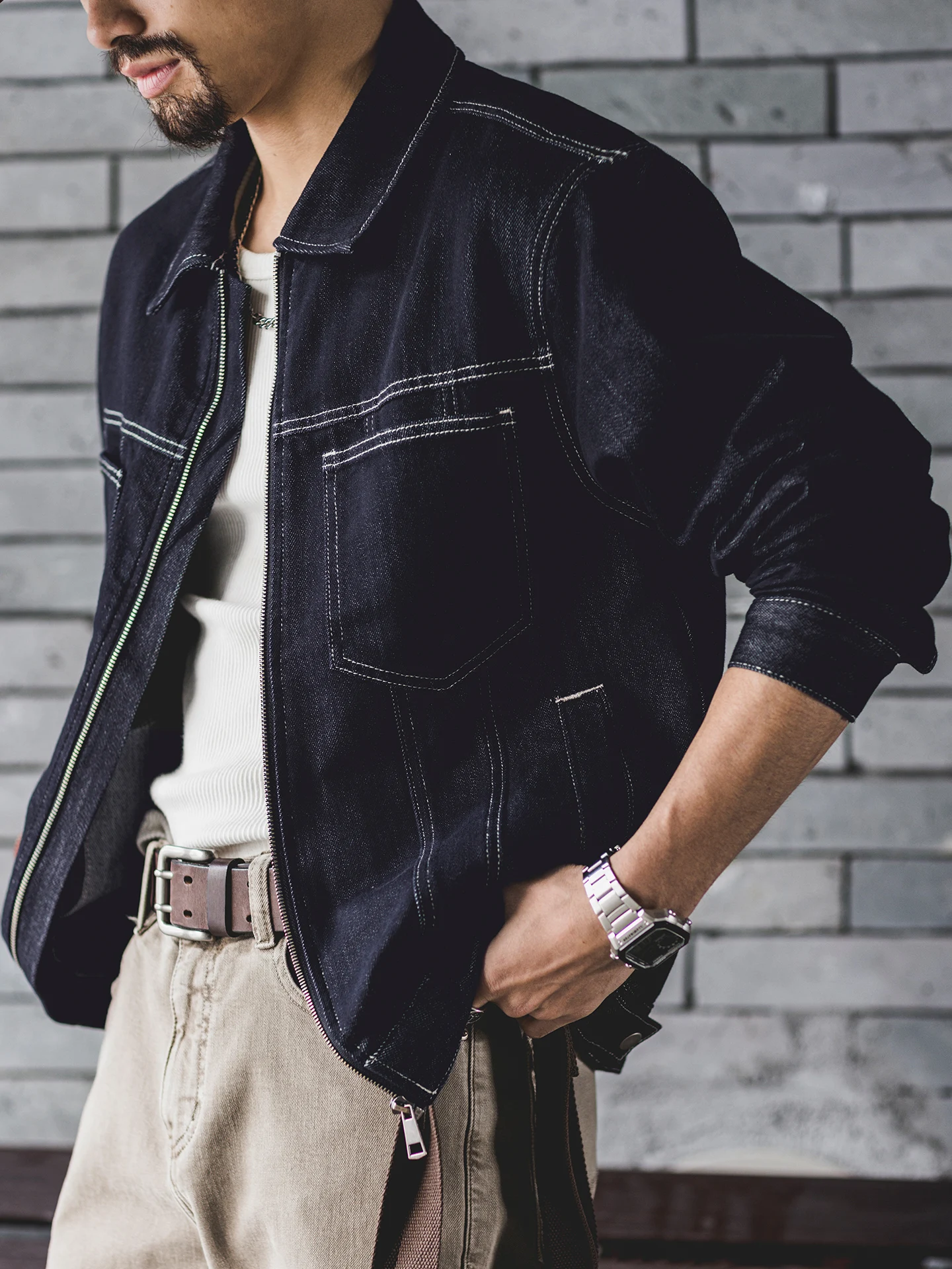 Raysel Mixed Original Denim Collared Men's Jacket Autumn New Style American Retro Large Size Workwear Coat Loose Fit Long Sleeve