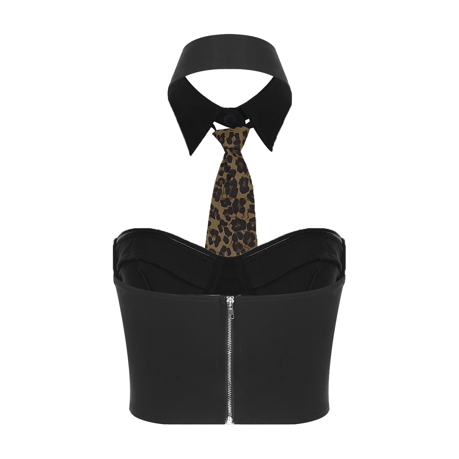 Womens Chic Bustiers Top with Collar And Leopard Necktie 3-piece Set Strapless Back Zip-up Push-up Vest for Club Music Festivals