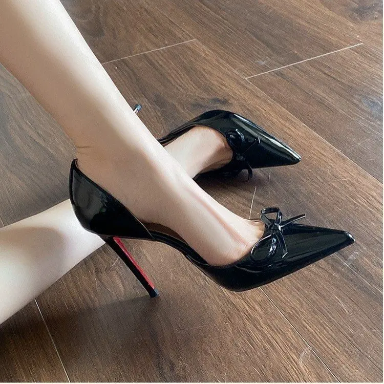

French Style Butterfly Knot High Heels Women's Thin Heel Red Bottom Elegance Painted Leather Pointed Toe Single Shoes