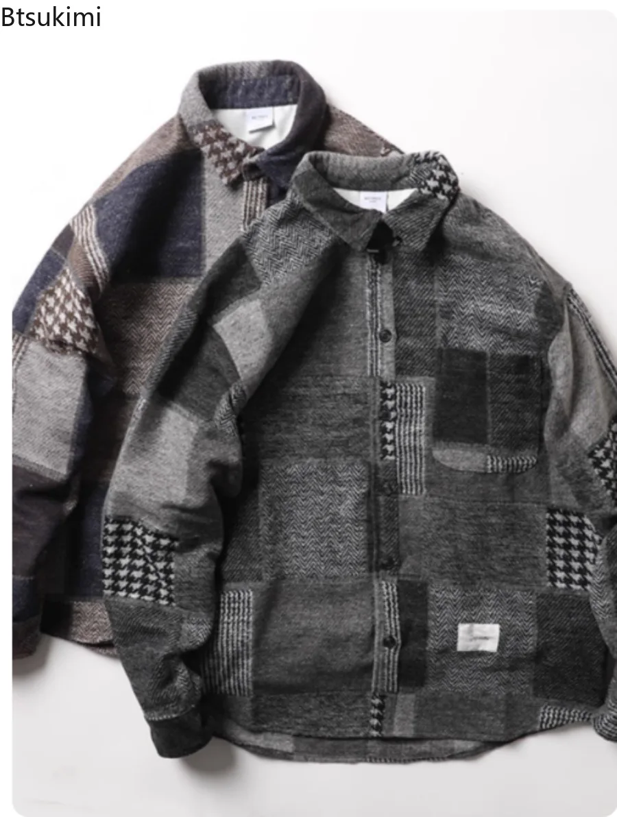 

2025 Men's Woolen Blend Plaid Long Sleeved Shirt Fashion Casual Lapel Jacket Men Loose Color Block Coats Fashionable Streetwear
